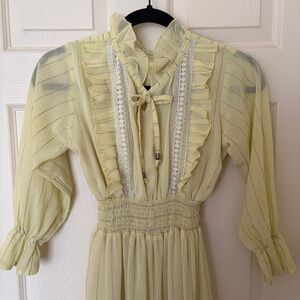 Vintage 60s Yellow Stripe Ruffle Detail Smock Waist Prairie Dress